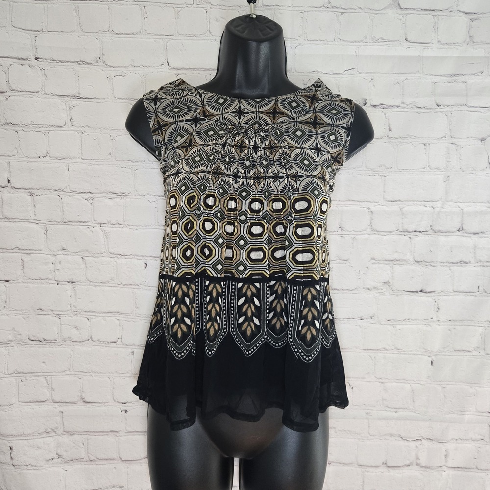 Rafaella Micro Mesh Geometric Print Babydoll Top FairyGrunge Gremlincore S